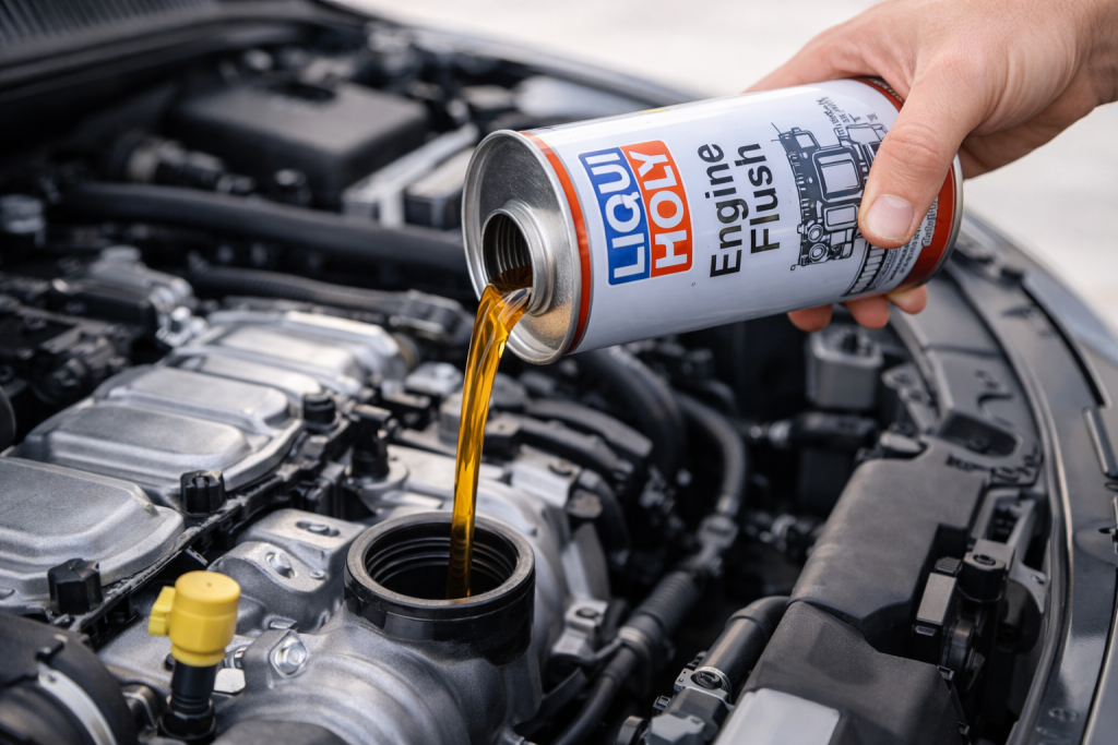 Versamento di additivo pulizia motore nel tappo olio di un’auto durante la manutenzione