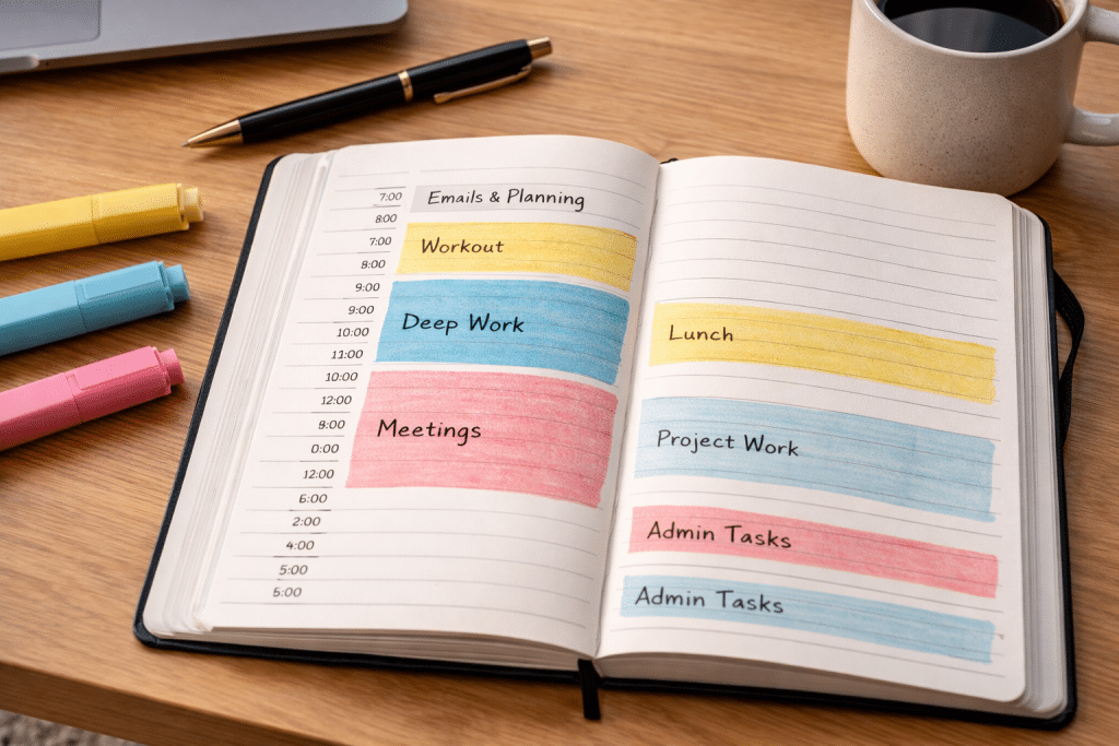 Agenda con blocchi di tempo evidenziati per organizzare la giornata