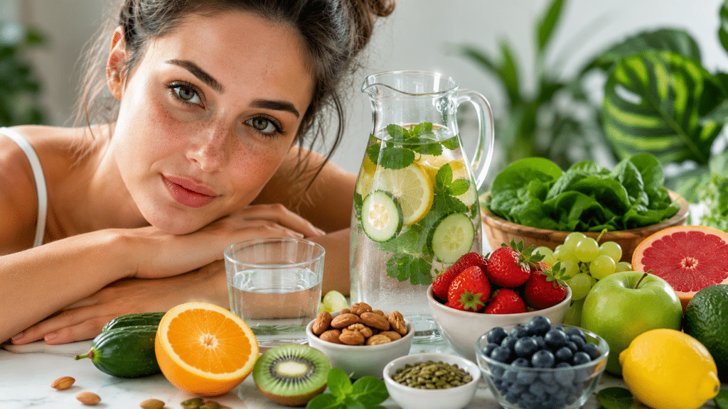 Fresh fruit, water, and healthy foods are helpful in combating dark circles and signs of fatigue.