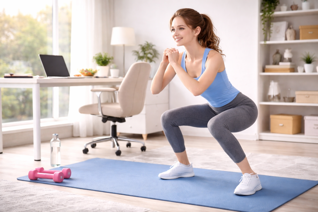 Persona che fa esercizi squat su tappetino yoga durante la pausa pranzo