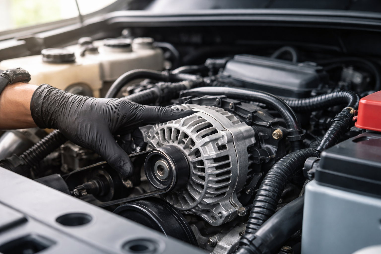 Dettaglio alternatore auto durante ispezione nel vano motore