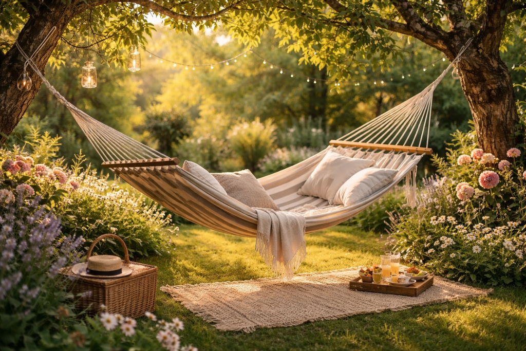 amaca da giardino tra alberi in zona relax