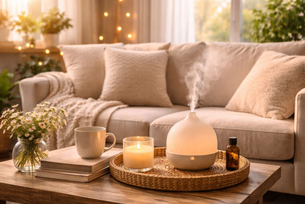 Relaxing environment with soft lighting, candles and natural elements to promote calm and well-being