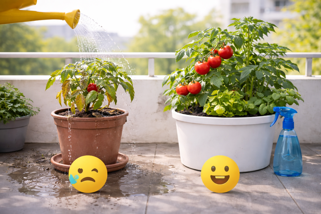 pianta di pomodoro in vaso con troppa acqua a confronto con pianta sana annaffiata correttamente sul balcone