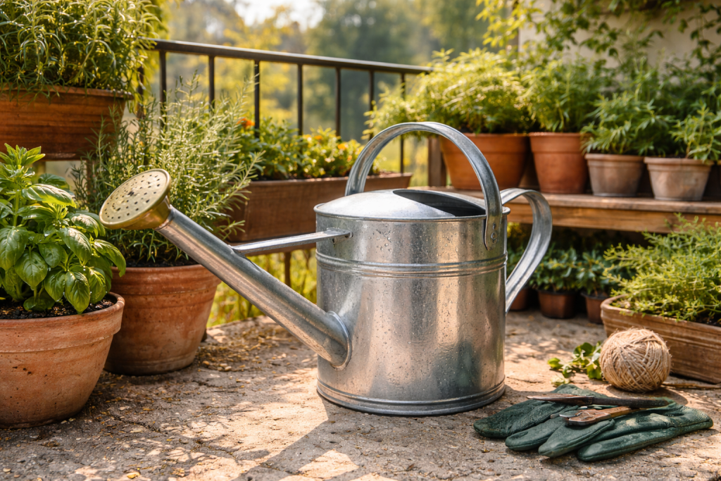 Watering can with a long spout used to water potted plants on the balcony