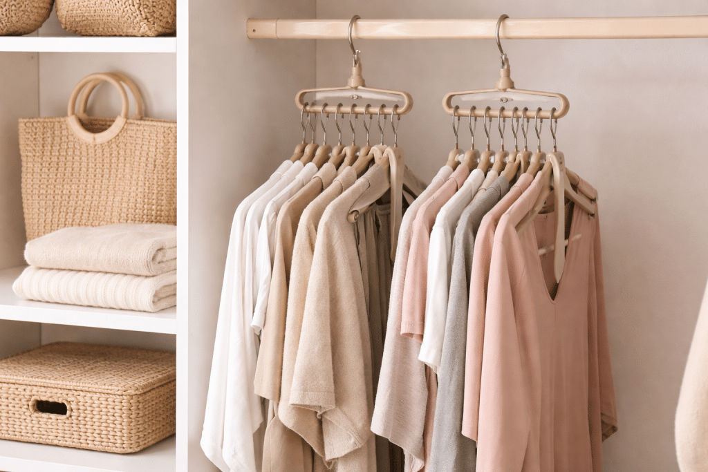 Appendiabiti salvaspazio in ambiente domestico organizzato e minimal