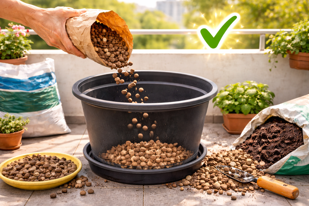 argilla espansa sul fondo del vaso per migliorare il drenaggio delle piante in vaso sul balcone