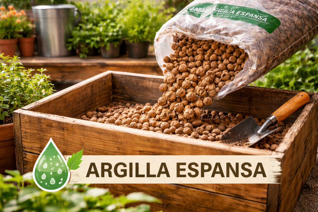 Expanded clay draining at the bottom of a pot to improve water flow