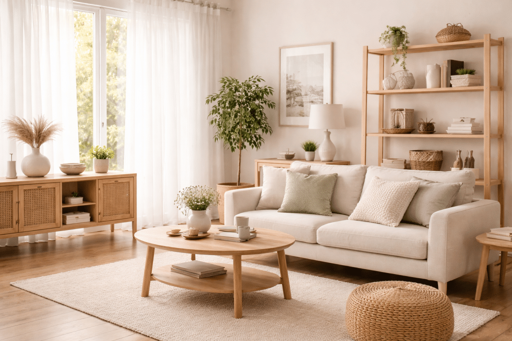 Arredo minimal in legno naturale in soggiorno luminoso e ordinato