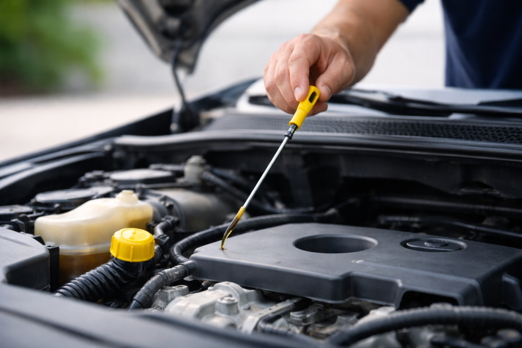 Controllo livello olio motore con asta di misurazione nel vano motore dell’auto