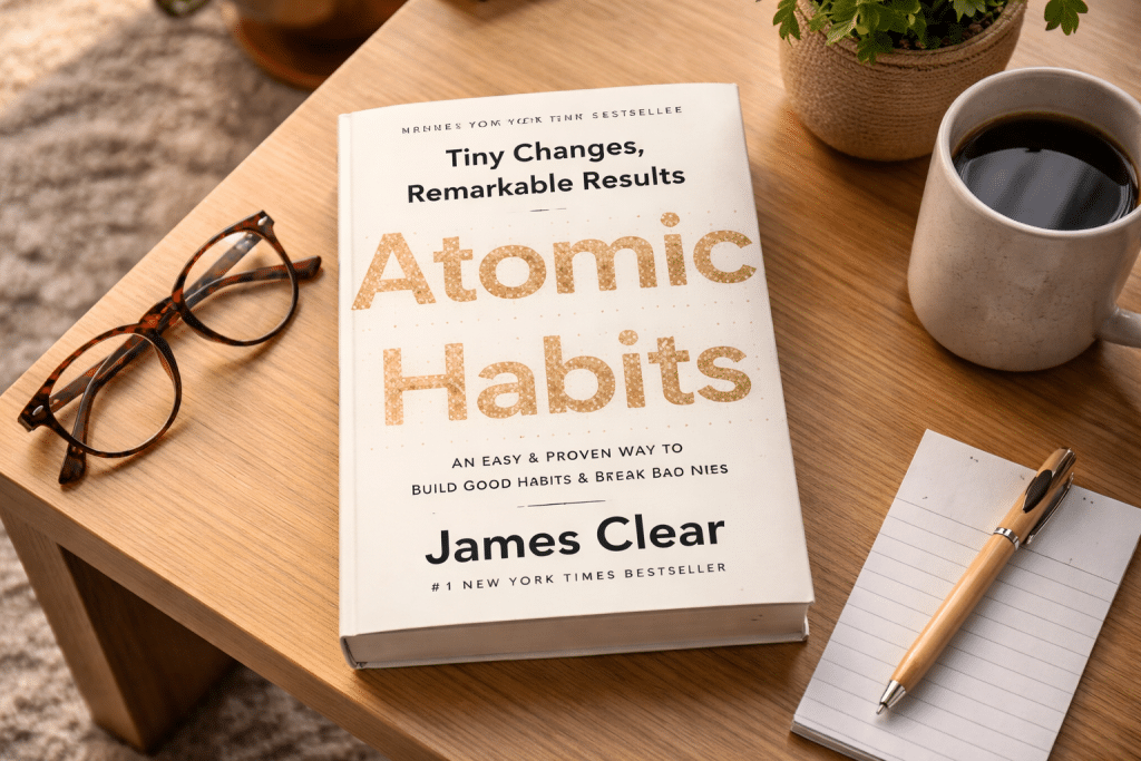 Libro Atomic Habits di James Clear su tavolo con luce naturale