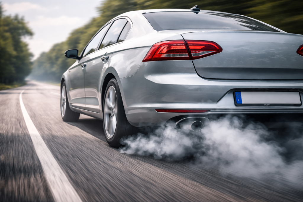 Auto che emette fumo dallo scarico con segnali di allarme per problemi al motore