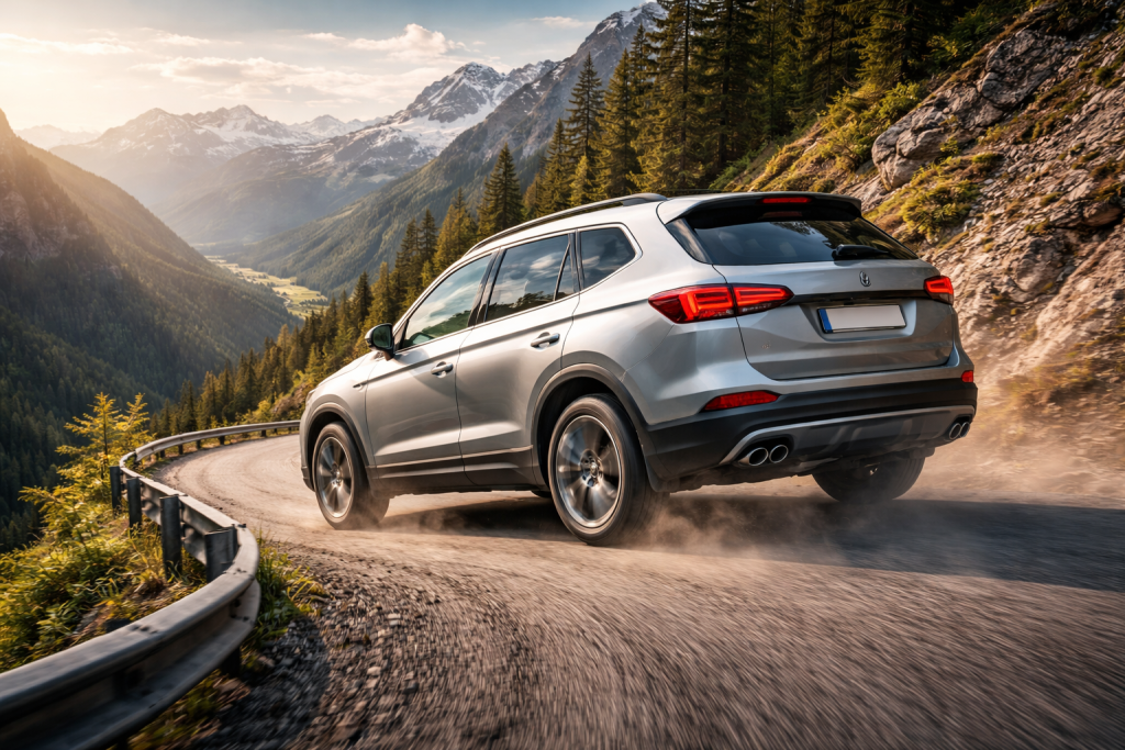 SUV grigio che sale su una strada di montagna tortuosa con panorama alpino al tramonto.