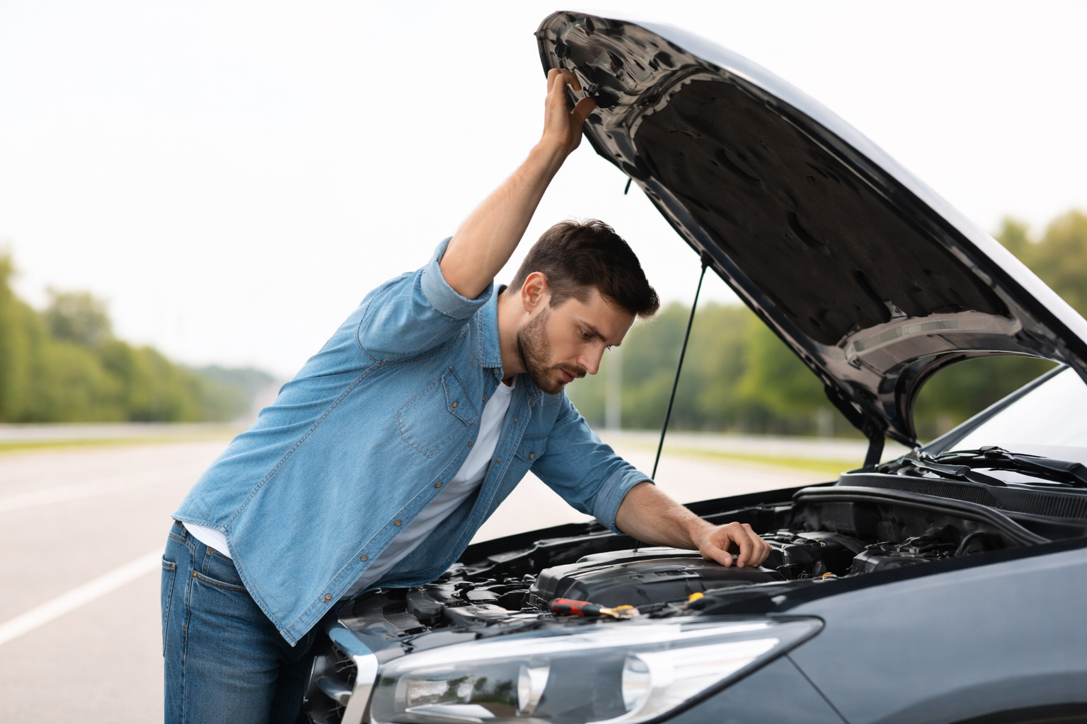 Uomo controlla il motore dell’auto con cofano aperto perché la macchina non parte