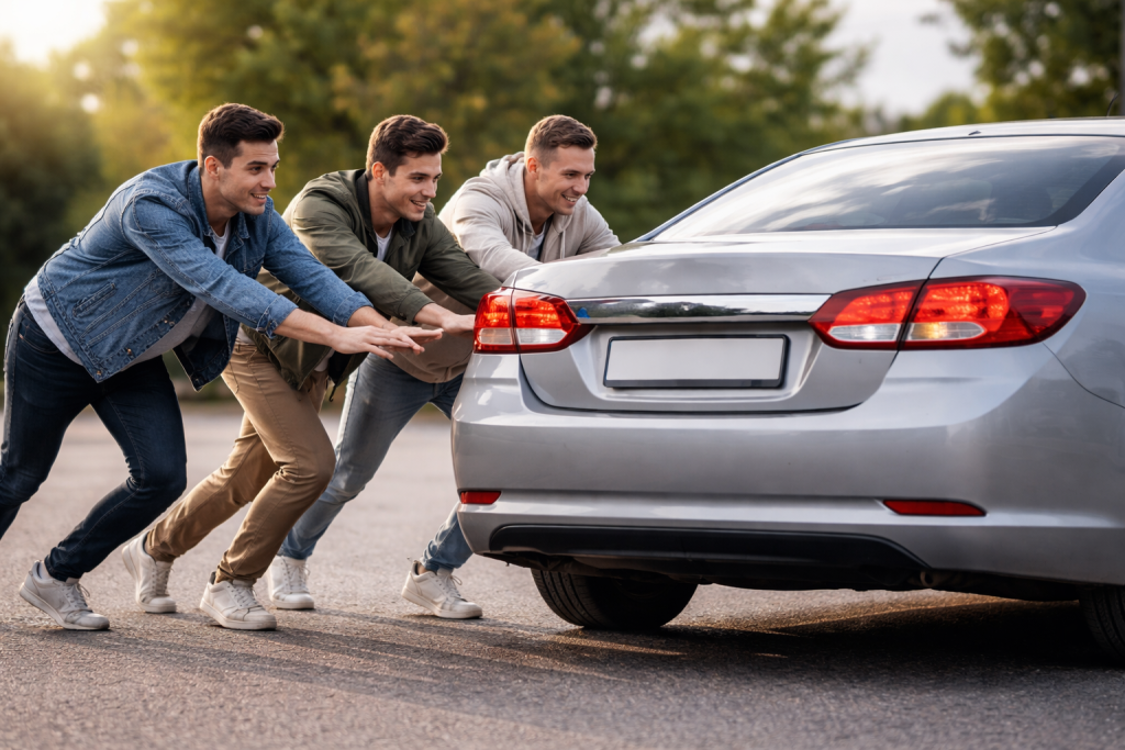 Persone che spingono un’auto per avviarla con il metodo della partenza a spinta