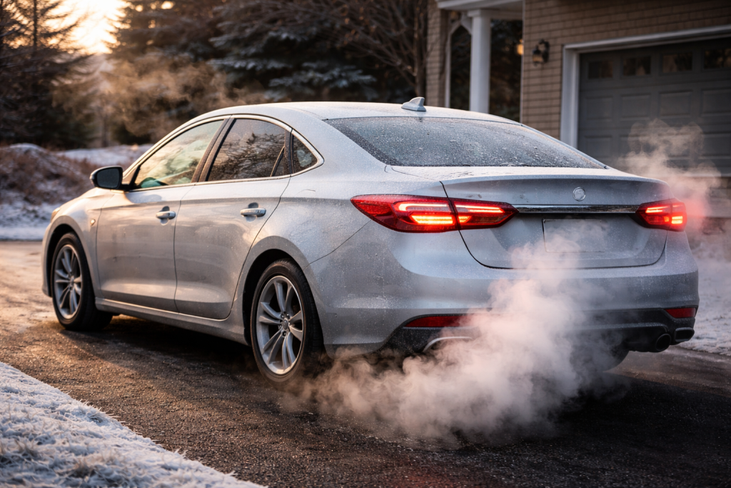 Auto accesa a freddo con vapore bianco che esce dal tubo di scarico in inverno.