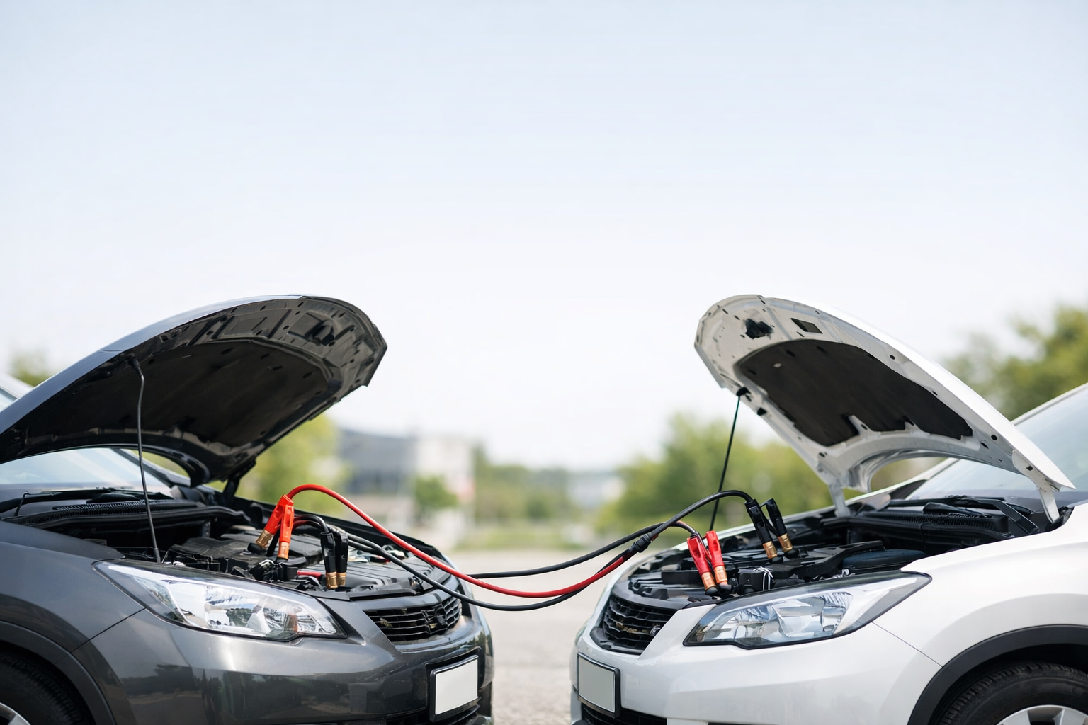 Auto con cofano aperto collegate con cavi per avviare un’auto con batteria scarica