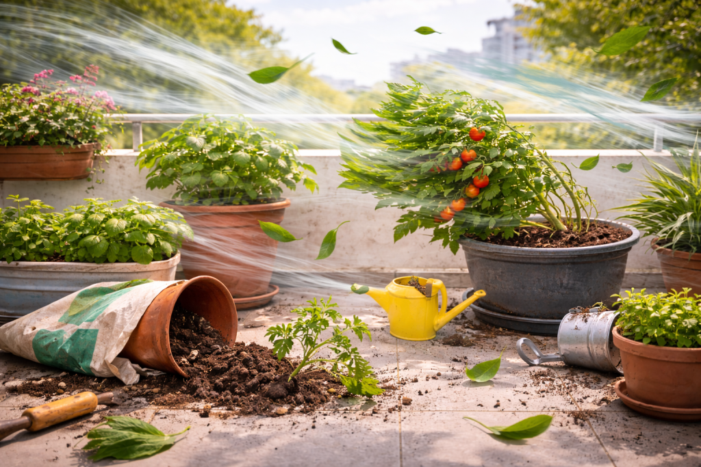 balcone ventoso con vasi di piante dell’orto piegate dal vento