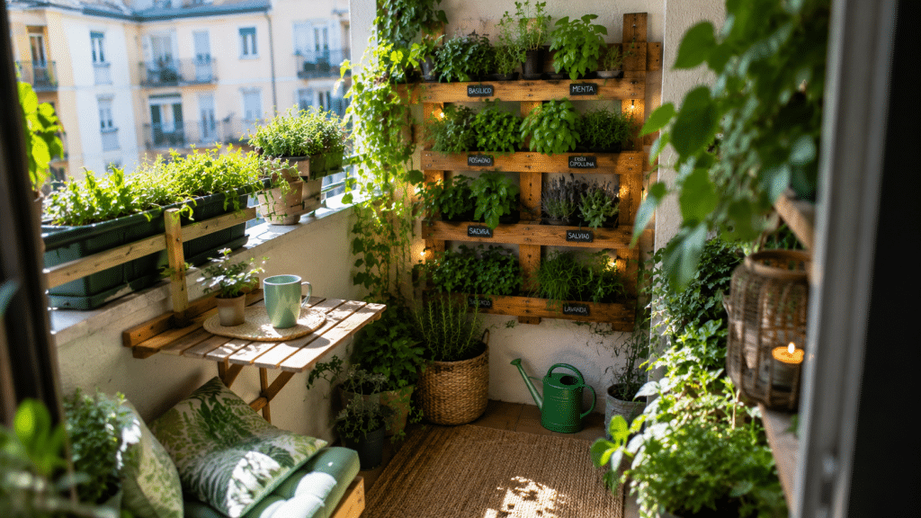 Small balcony transformed into a relaxing green space with a vertical garden and plants