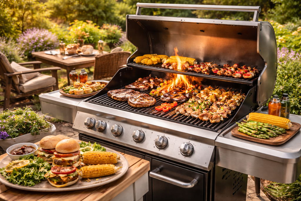 barbecue in giardino con griglia piena di carne, spiedini e verdure durante una grigliata all’aperto