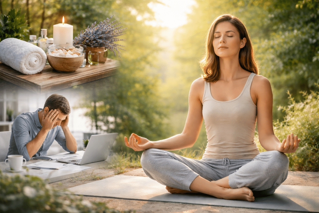 Mental well-being and stress management with relaxed person in natural environment