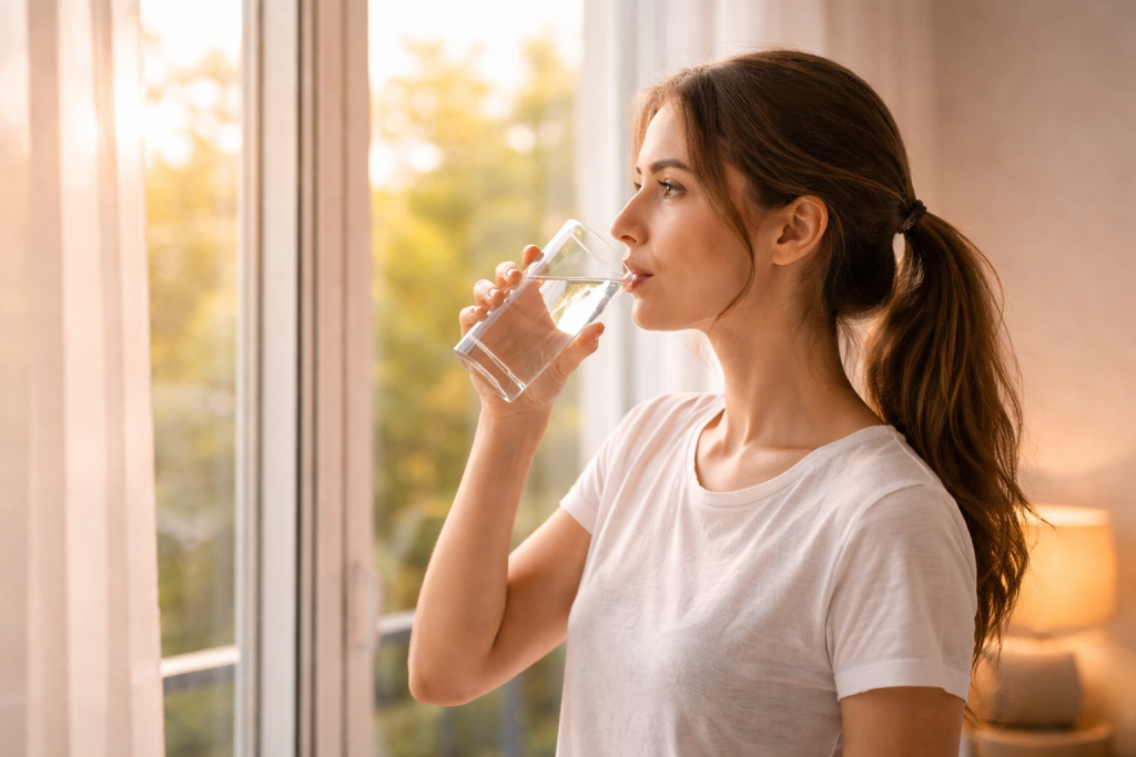 Persona che beve un bicchiere d’acqua alla luce del mattino vicino a una finestra