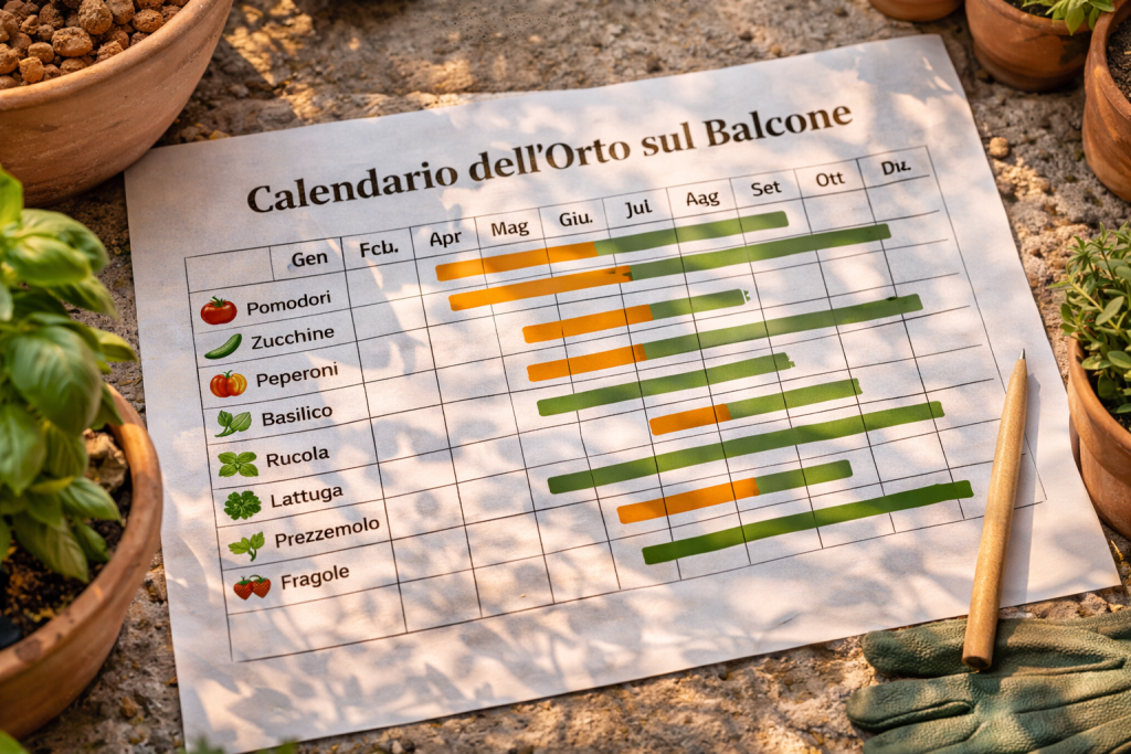 Monthly calendar for balcony gardening with sowing and harvesting spread throughout the year.
