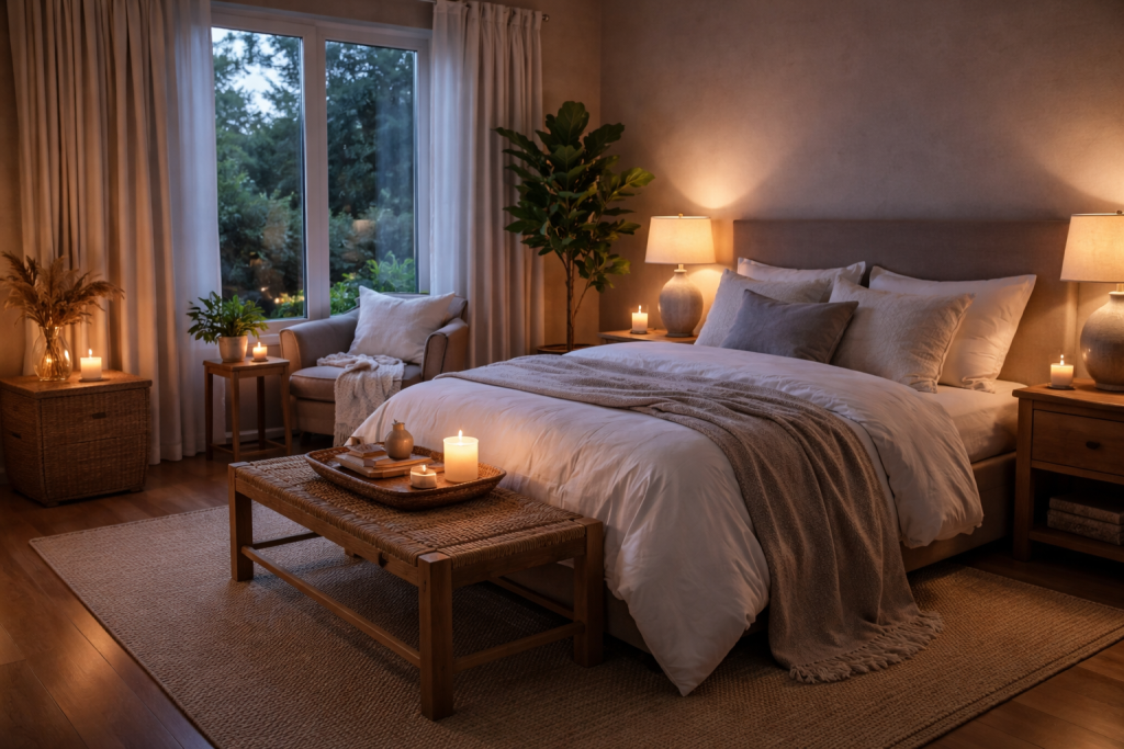 Camera da letto rilassante con luci calde, candele e arredamento accogliente per favorire il sonno.