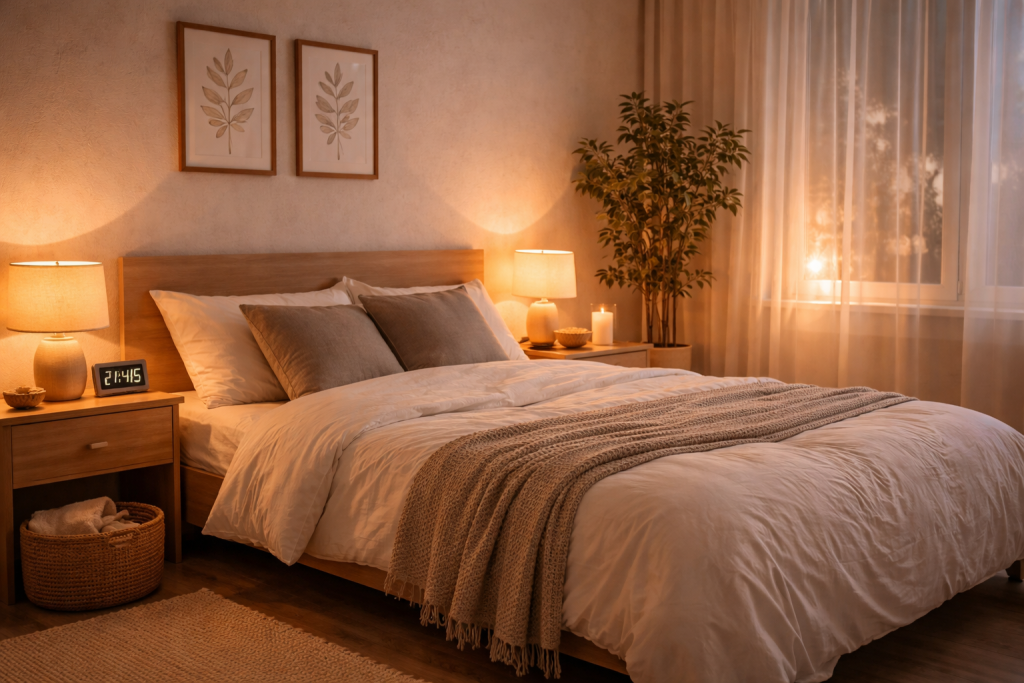 Camera da letto minimal illuminata da luce calda soffusa con atmosfera rilassante