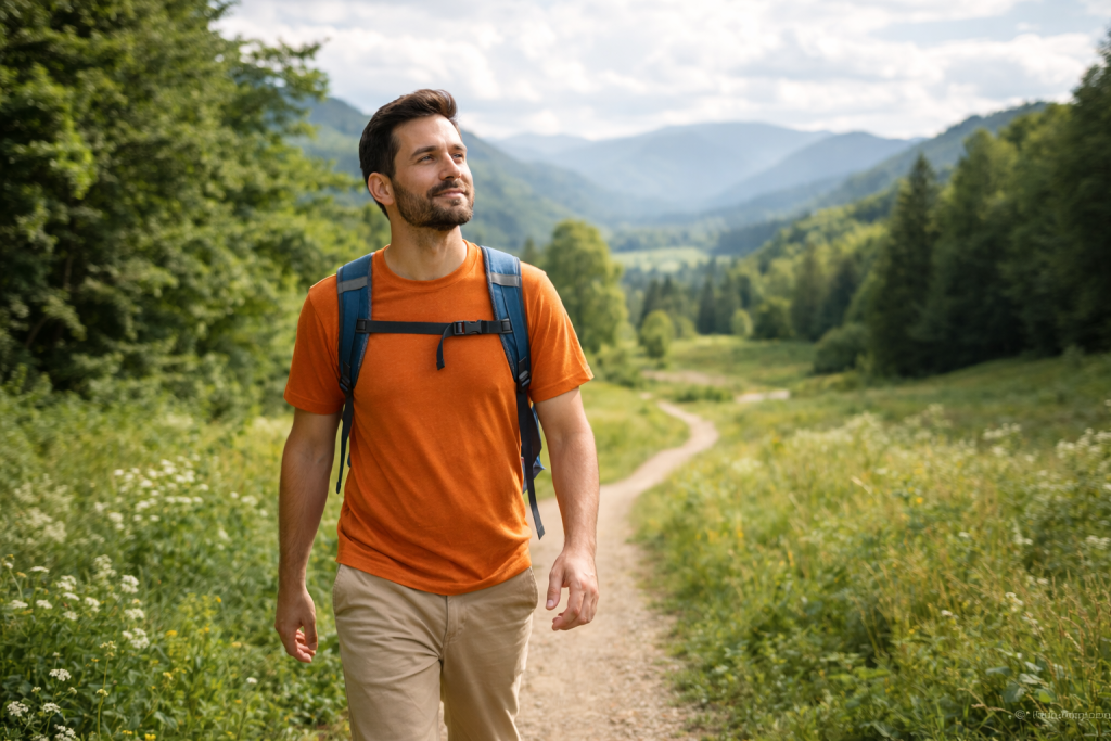 Persona che cammina nella natura lungo un sentiero di montagna per rilassarsi e ridurre lo stress.
