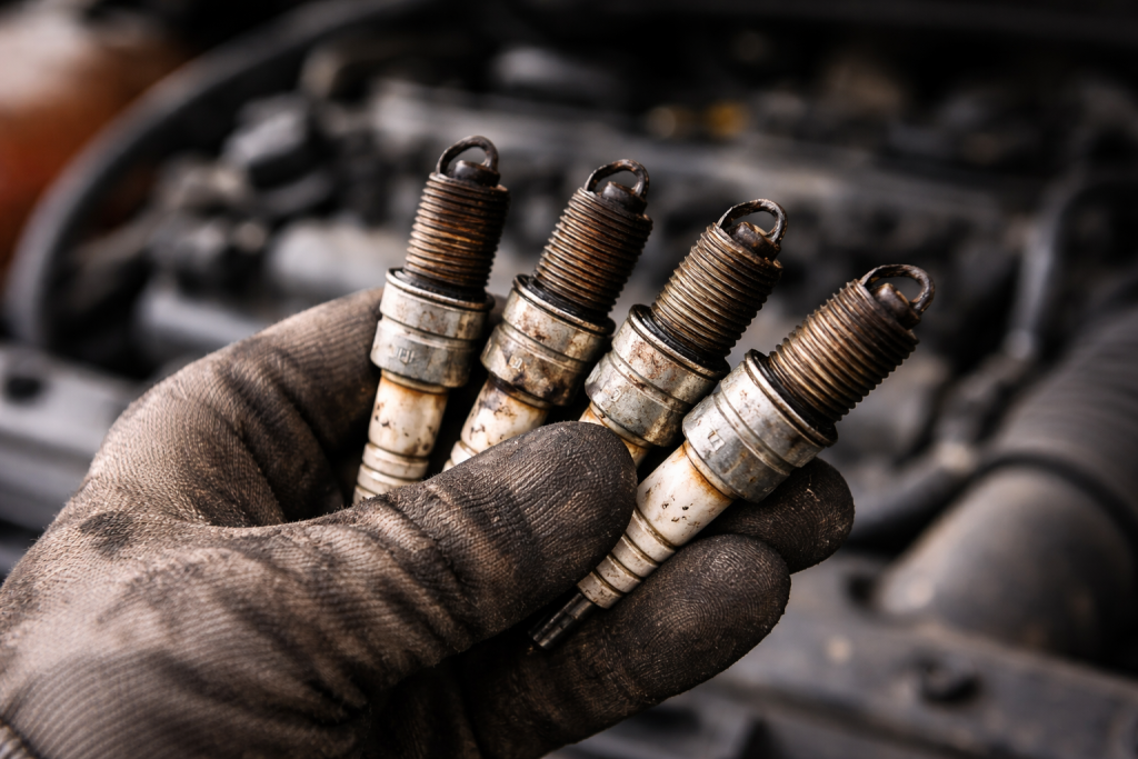 Candele di accensione auto usurate con elettrodi consumati e depositi.
