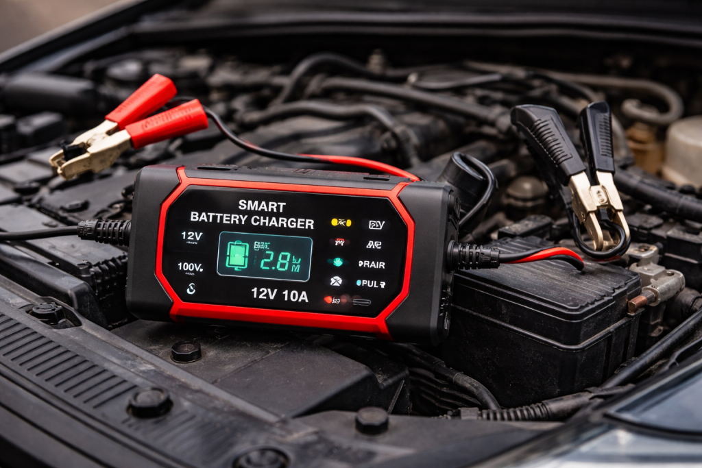 Caricabatterie intelligente collegato alla batteria auto nel vano motore