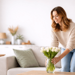 Woman arranging flowers in a bright and modern living room with natural light