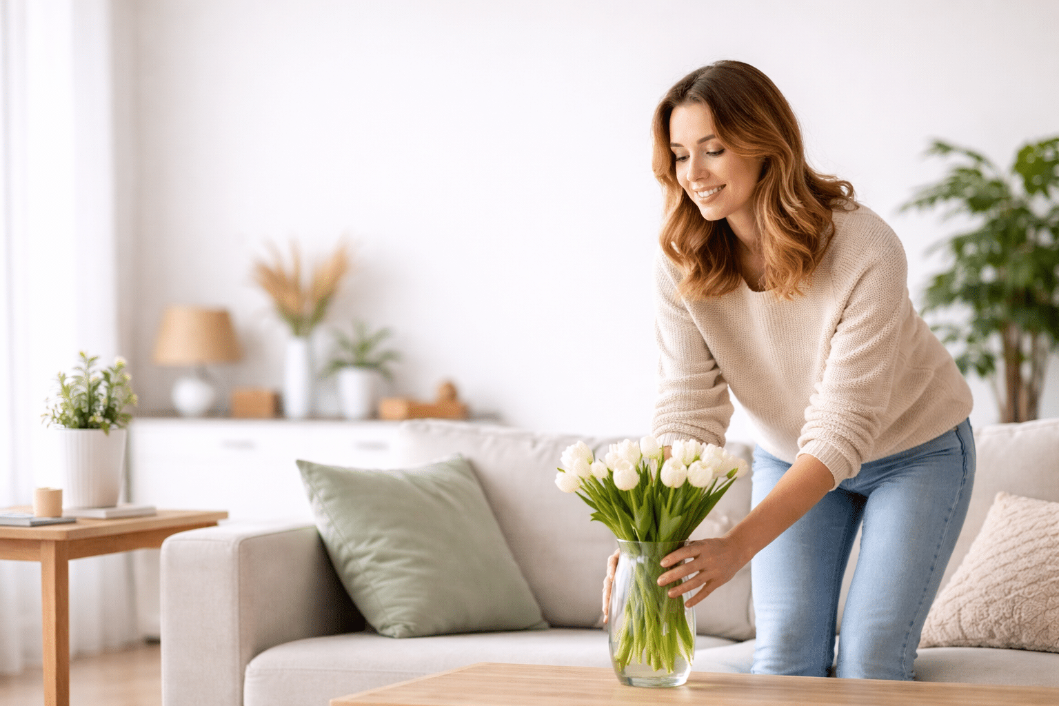 Donna che sistema fiori in un soggiorno luminoso e moderno con luce naturale