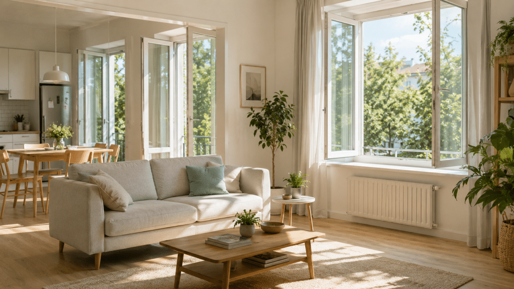 A bright and tidy home with open windows that promote natural air exchange and a fresh, clean home environment.