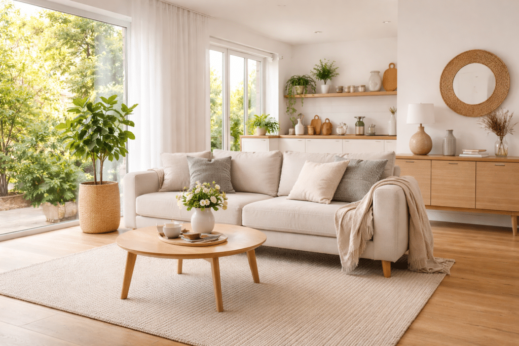 Interno di casa minimalista ordinata con luce naturale e arredamento essenziale