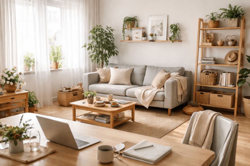Soggiorno ordinato ma vissuto con oggetti quotidiani e luce naturale