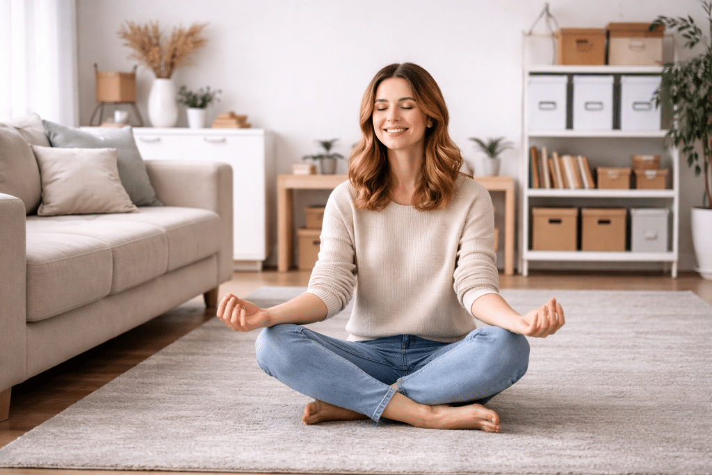 Soggiorno ordinato e minimalista con luce naturale che trasmette calma e chiarezza mentale