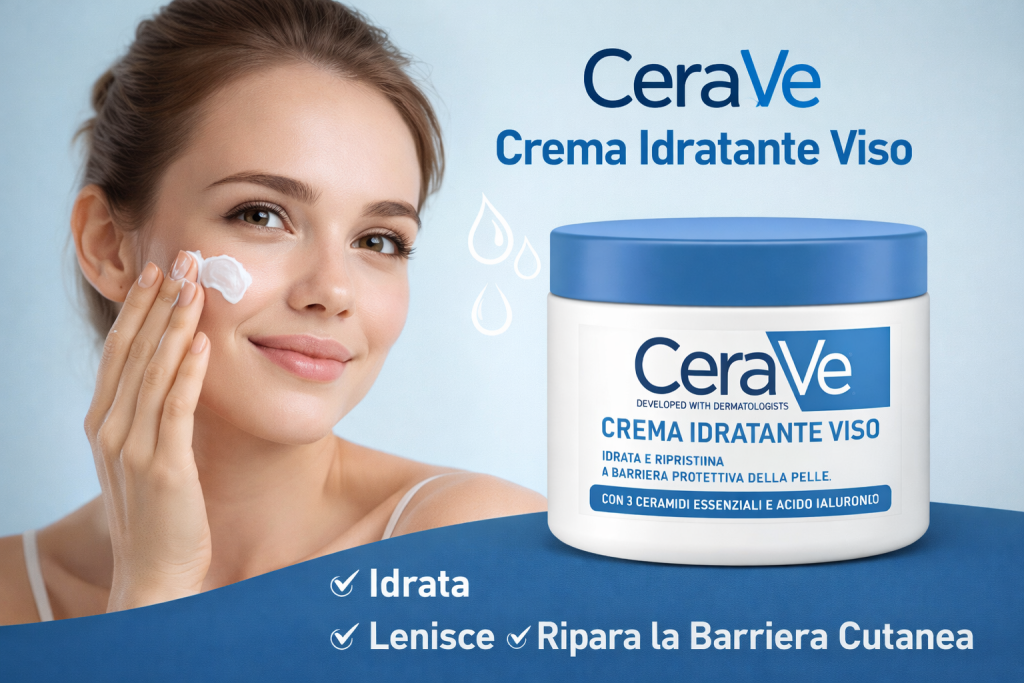 Donna che applica CeraVe Crema Idratante Viso per idratare e riparare la barriera cutanea della pelle