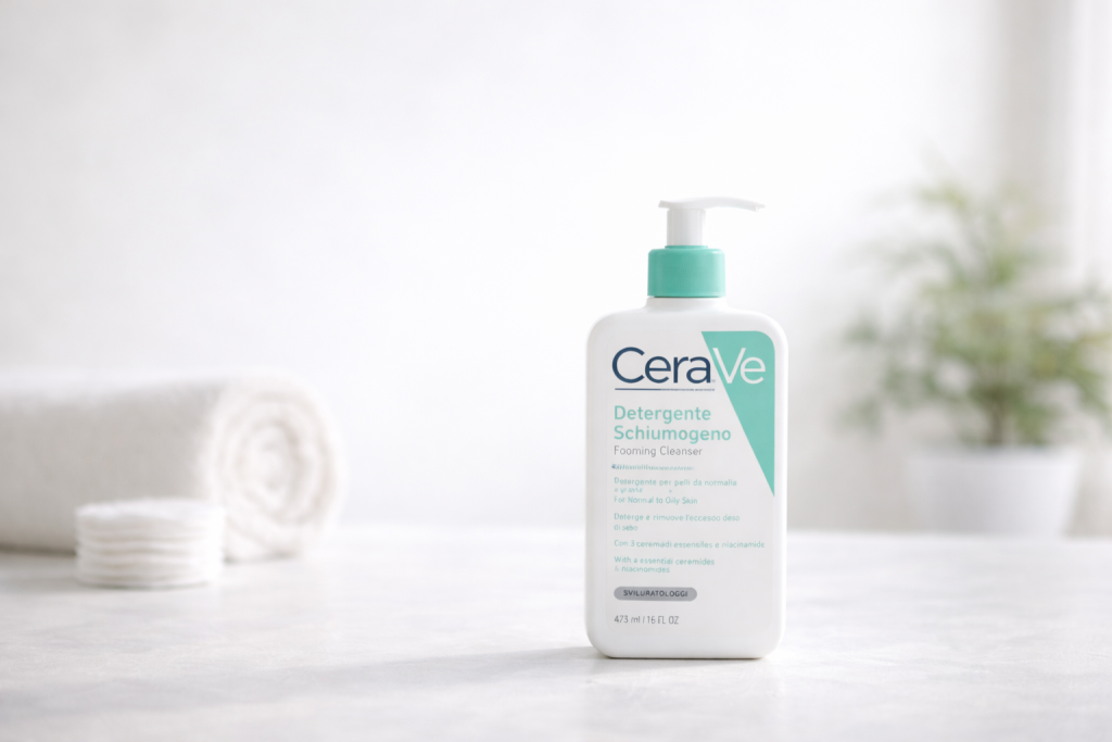 flacone di CeraVe Detergente Schiumogeno foaming cleanser per la pulizia del viso