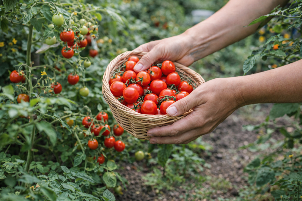 cesti di pomodori maturi raccolti a mano nell’orto