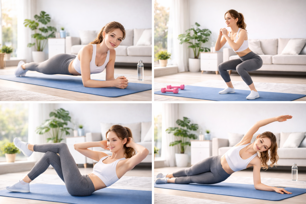 Collage di esercizi fitness a casa con plank, squat, addominali e stretching