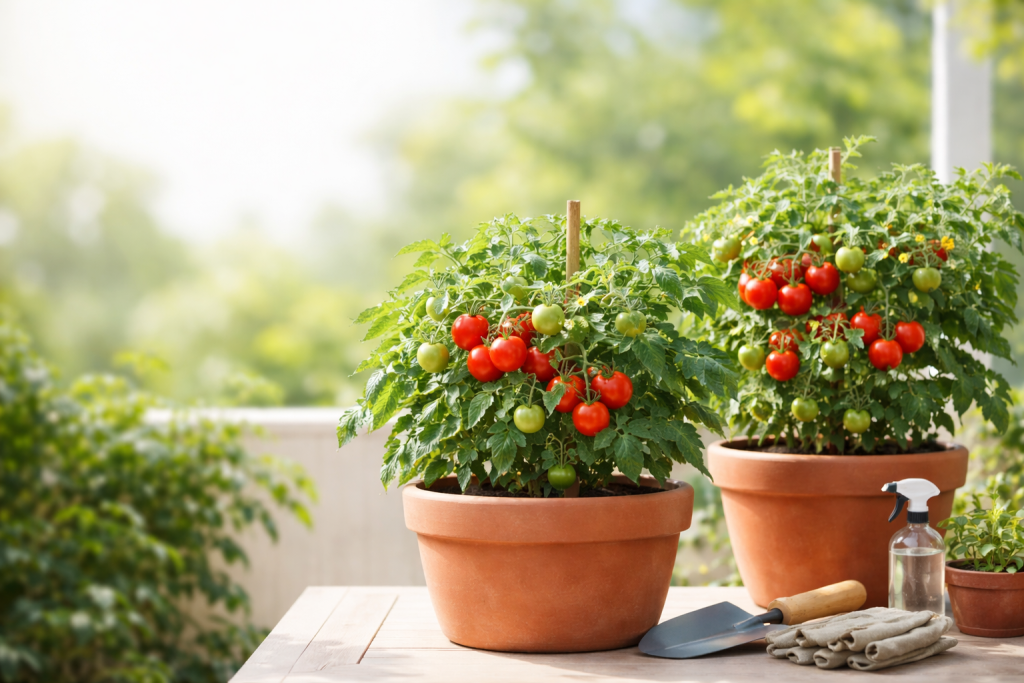 Tomatera en maceta en el balcón con tomates rojos maduros y luz natural.