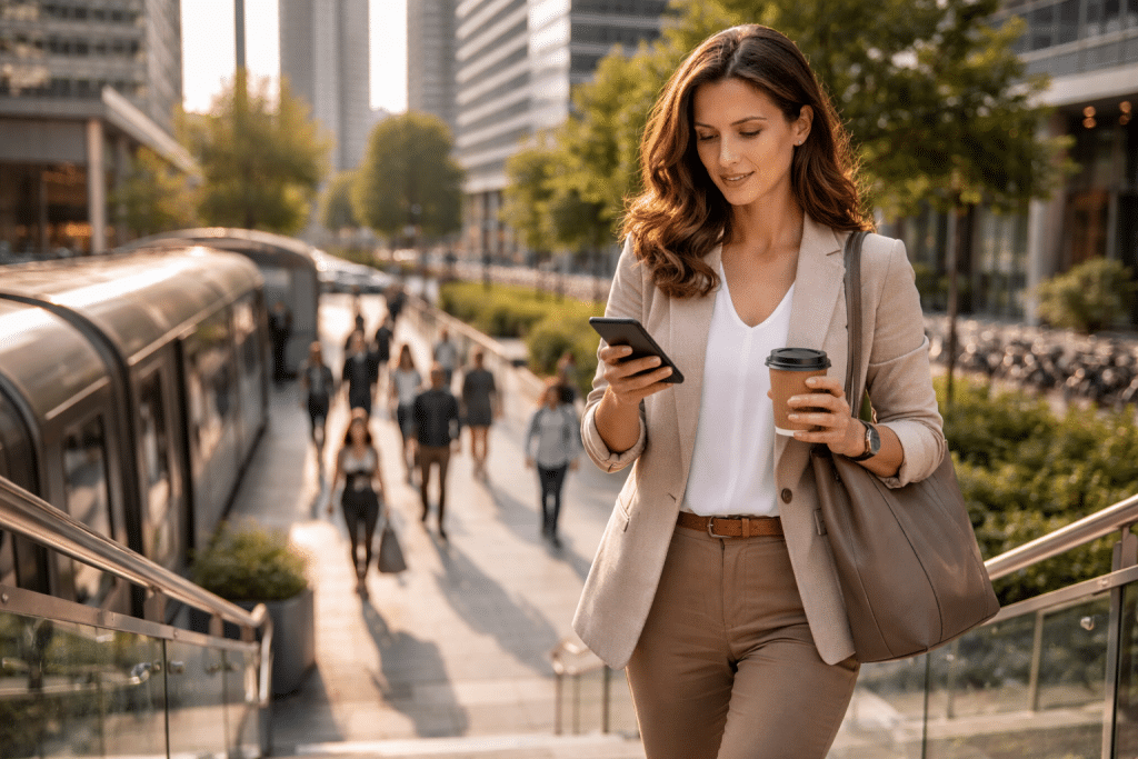 Persona che si sposta in città in modo organizzato con smartphone e caffè durante il commuting