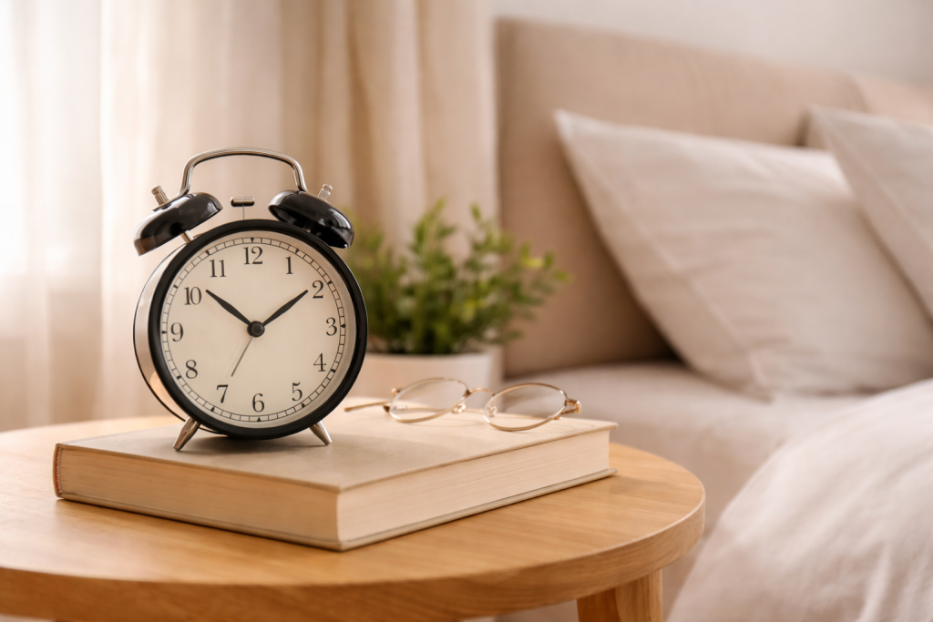 Comodino minimal in legno con sveglia analogica e libro accanto al letto