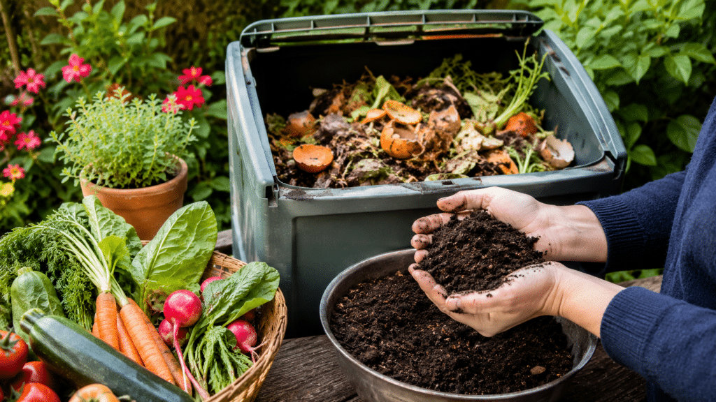 Compost casero utilizado como fertilizante natural para plantas y verduras.