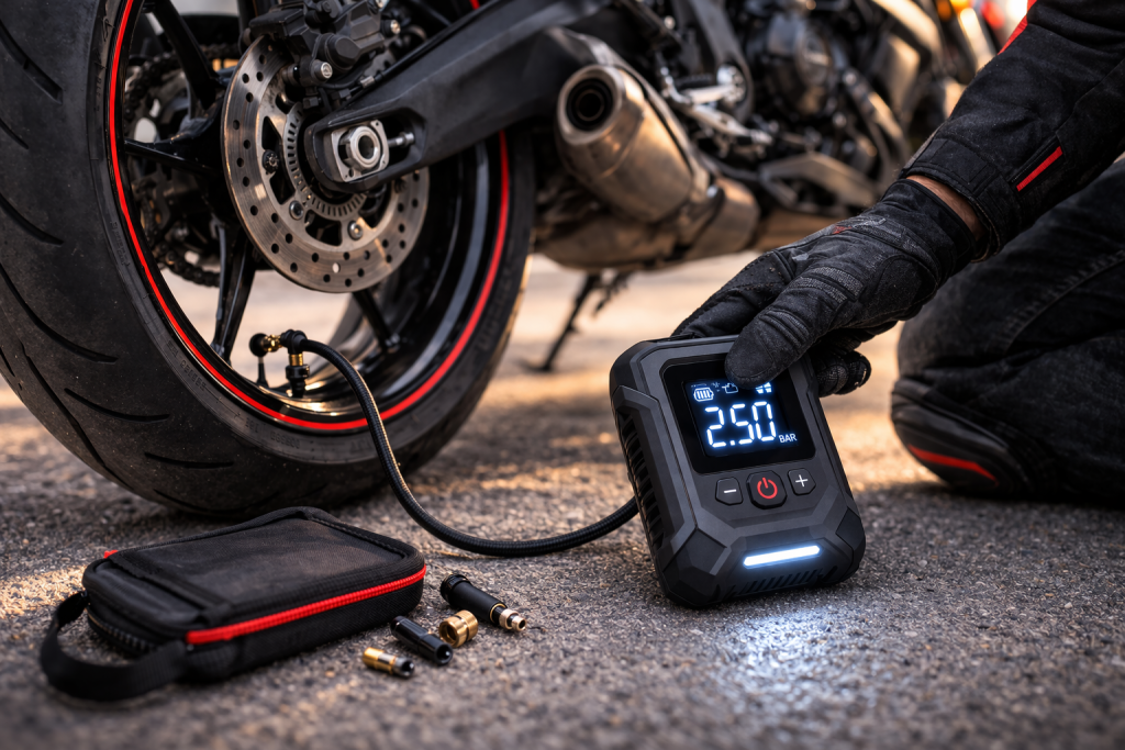 Compressore portatile per gonfiare i pneumatici di una moto collegato alla ruota posteriore.