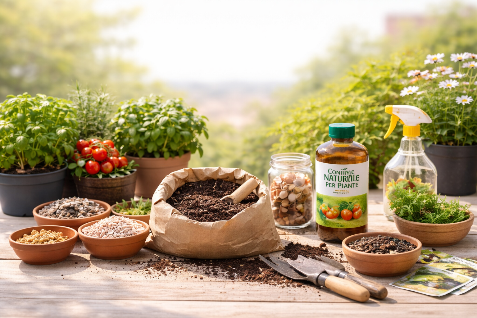 concime naturale per piante con compost e fertilizzante biologico su tavolo da giardinaggio