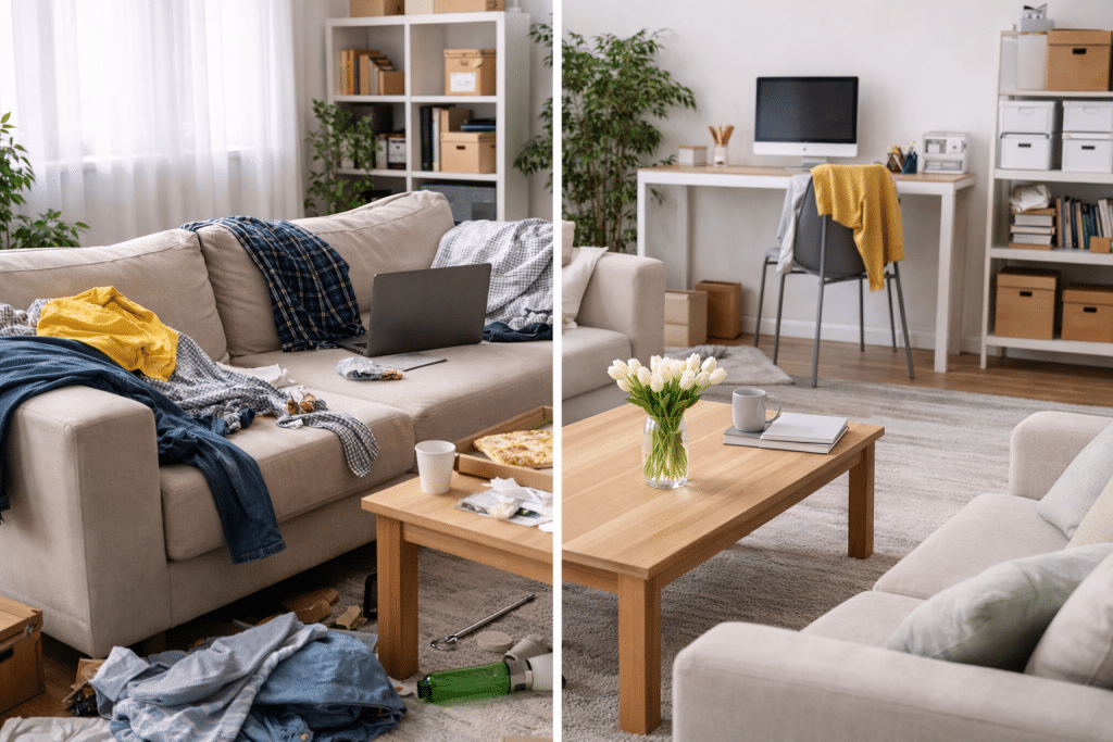 Confronto tra stanza disordinata e stanza ordinata nello stesso soggiorno