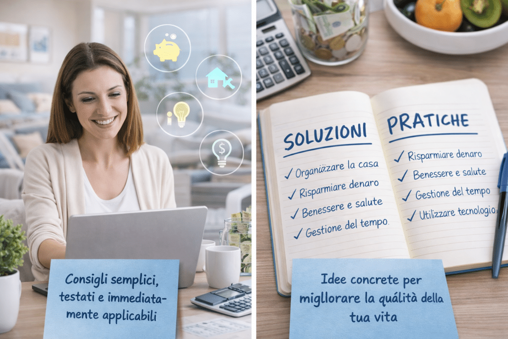 Donna che utilizza il computer per trovare consigli pratici e soluzioni utili per la vita quotidiana